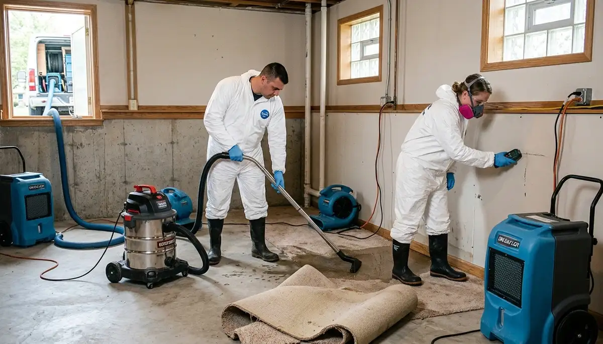 Water damage restoration team in Rockford, IL inspecting a flooded property and assessing repairs